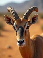 A close-up portrait of an addax, showcasing its distinctive spiral horns and patterned face, with a blurred desert background photo