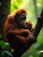 A Sumatran Orangutan mother cradling her infant, perched high in a fruiting tree in the Sumatran jungle during the rainy season photo