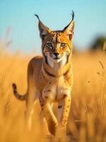 Iberian Lynx in a sun-drenched, golden grassland during the Spanish summer, tall dry grass, clear blue sky, sharp focus, natural light photo