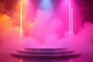 A three-tiered stage with pink and orange neon lights, smoke, and a dark floor, creating a vibrant and atmospheric scene photo
