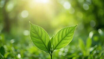 Two green leaves sprouting from a stem, illuminated by sunlight, with a blurred green forest in the background photo