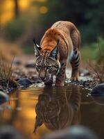 Iberian Lynx drinking from a stream in a shaded ravine on a hot summer day, reflection in water, parched landscape, thirst, survival instinct photo