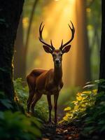 A saola in a dense, misty Annamite rainforest at dawn, surrounded by lush green foliage and dappled sunlight photo