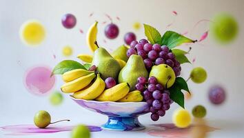 Colorful fruit arrangement with pears, bananas, and grapes on a decorative bowl in a bright setting photo