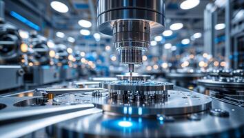 Advanced machinery operates in a high-tech manufacturing facility during setup for precise engineering tasks photo