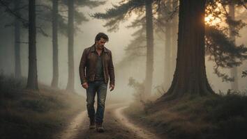 Man walking alone on a misty forest path at sunset with tall trees and a serene atmosphere photo