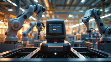 High-tech robotic arms and smart control unit working in modern automated factory at dusk photo