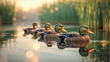 Ducks swimming in a serene pond during early morning with sunlight reflecting on the water surface photo