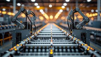 Automation in a modern warehouse showcasing robotic arms handling packages on a conveyor belt system photo