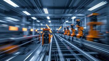 Automation technology transforms manufacturing processes with robotic arms in a modern factory setting photo
