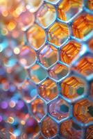 Intricate honeycomb pattern with vibrant colors captured in soft focus during daylight photo