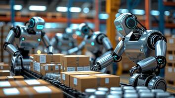 Robots sorting packages in an automated warehouse during daytime operations photo