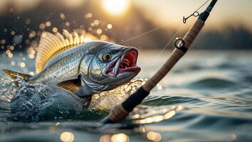 Catching a large fish at sunset while fishing in a serene lake during a calm evening photo