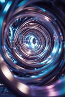 Circular metallic structure with blue lighting creates a mesmerizing tunnel effect in a modern setting photo