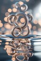 Silver rings floating gracefully above a reflective water surface with a blurred bokeh background in soft lighting photo
