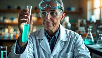 Experienced scientist analyzing a chemical reaction in a laboratory with colorful liquids during the day photo