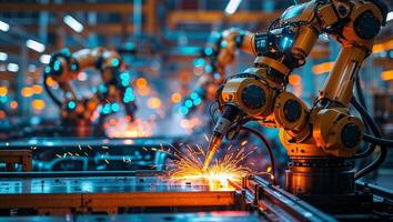 Advanced robotic arms perform welding tasks in a modern manufacturing facility during nighttime hours, showcasing high-efficiency automation photo