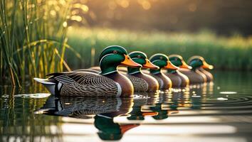 Ducks swimming in a calm lake during sunset with vibrant reflections and surrounding grass photo