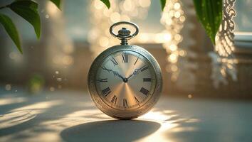 Vintage pocket watch resting on a table with sunlight and soft shadows creating a serene atmosphere photo