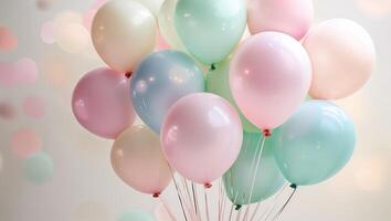 Colorful balloons in pastel shades elevate the festive atmosphere for celebrations or events in a soft light setting photo