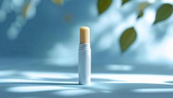 Skin care product placed on a soft blue surface with blurred green leaves in the background during daylight hours photo