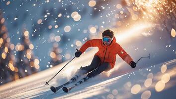 Expert skier gliding down a snowy slope during a sunny winter day with sparkling snowflakes in the background photo