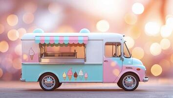 Colorful ice cream truck parked in a vibrant setting during a sunny afternoon photo