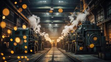 Factory interior with steam machines and industrial atmosphere during late evening hours photo