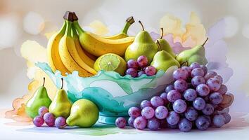 Colorful fruit arrangement in a decorative bowl featuring bananas, pears, and grapes against a soft background photo