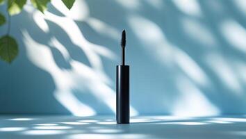 Black mascara tube placed on a minimalistic surface with soft natural lighting and shadow patterns from nearby leaves photo