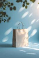 Bag displayed on a blue background with natural light and leaf shadows creating a serene atmosphere photo