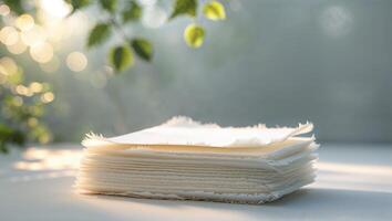 Stacks of handmade paper sheets resting on a table under soft morning light with blurred greenery in the background photo