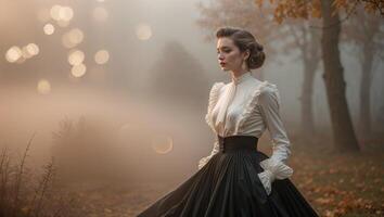 Elegant woman in historical attire stands in a foggy forest at dawn, surrounded by autumn foliage and soft, diffused light photo