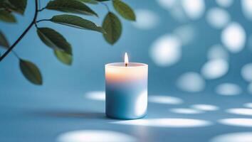 Bright blue candle with a gentle flame on a teal background surrounded by soft light patterns photo