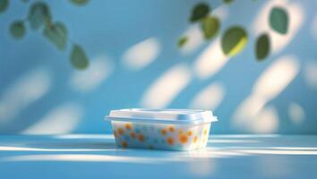 Colorful container on a blue surface illuminated by soft light with leaf shadows in the background photo