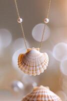 Elegant seashell necklace showcased against soft bokeh background with pearls and neutral tones photo