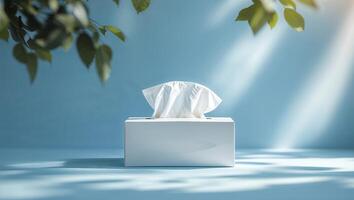 Soft white tissues rest in a clean box against a calming blue background with gentle leaf shadows photo