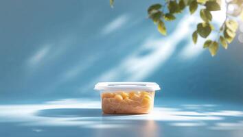 Freshly prepared fruit slices in a clear container on a blue background with soft light and green foliage photo