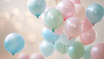 Colorful pastel balloons floating gracefully in a soft and dreamy indoor setting photo