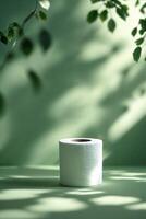 Soft roll of tissue on a minimalistic green background surrounded by gentle shadows and leaves photo