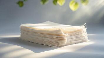 Natural light highlights a stack of handmade paper sheets with soft edges in a serene setting photo