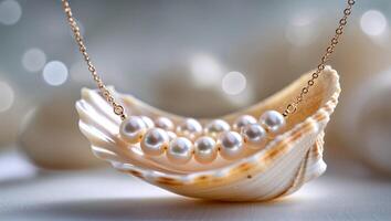 Elegant pearl necklace displayed on a seashell against a soft, blurred background photo