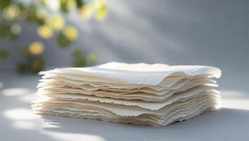 Craft paper stacked neatly under soft natural light in a serene workspace environment photo