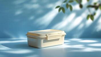Container positioned on a blue surface with natural light casting soft shadows on a serene background photo