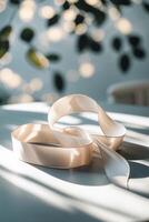 Elegant silk ribbon cascading on a beautifully lit table with soft natural light and blurred greenery in the background photo