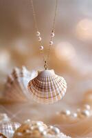 Unique shell necklace with pearl accents displayed on a soft background showcasing elegance and coastal charm photo