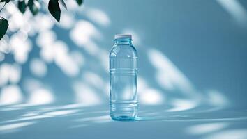 Clear water bottle standing alone on a soft blue background with gentle light patterns reflecting around it photo