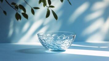 Glass bowl with circular patterns casts shadows on a blue surface illuminated by soft light from leaves photo