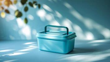 Bright turquoise container rests on a light blue surface with soft shadows and sunlight filtering through leaves photo