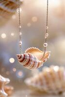Elegant seashell necklace with pearls displayed against a blurred background of additional seashells and neutral tones photo
